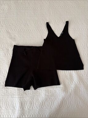 Black Ribbed V-Neck Knit Tank and Shorts Set - Women Sweaters